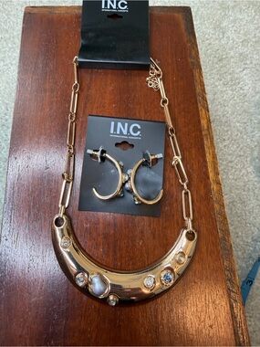 INC International Concepts Gold Crescent Necklace with Hoop Earrings